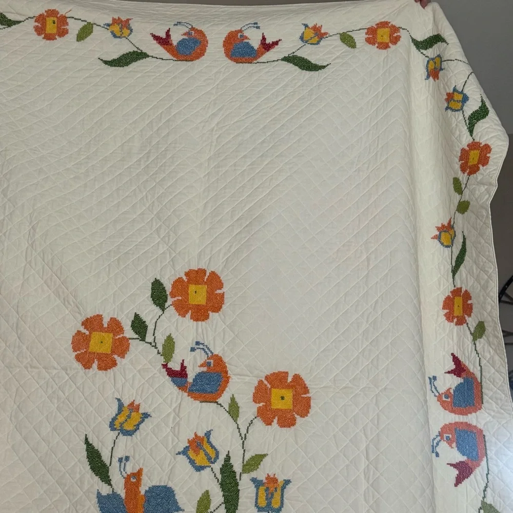 Vintage Lovebirds Needlepoint Quilt‎ Folk Art Heart Floral Bedspread Queen XL